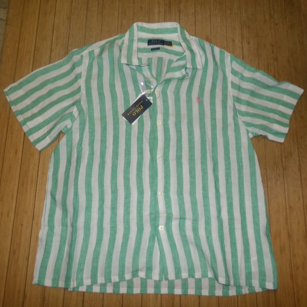 Polo Ralph Lauren Mens XL Linen Striped Short Sleeve Button Up Shirt Green White